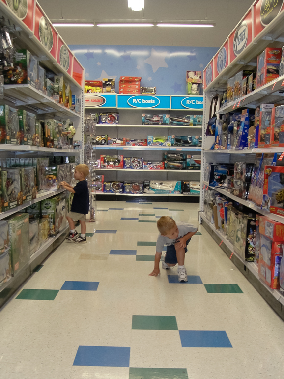 David & Grant Kish at Toys R Us - So many choices