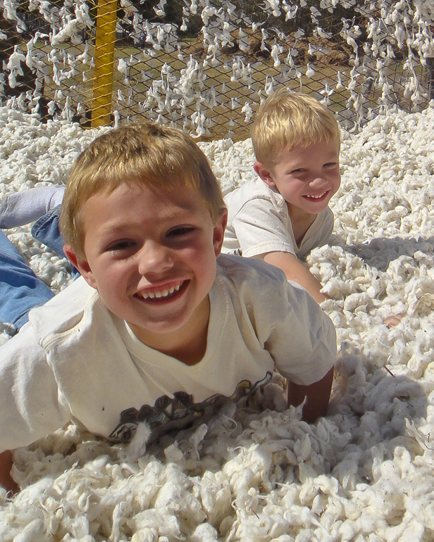 Grant & David Kish in the cotton, Old Baker Farm, Harpersville, AL.