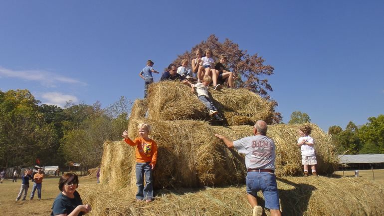 Dave, Grant & David Kish with Dan Gibson, hay bales, Old Baker Farm, Harpersville, AL