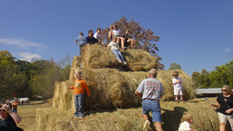 Dave, Grant & David Kish with Dan Gibson, hay bales, Old Baker Farm, Harpersville, AL